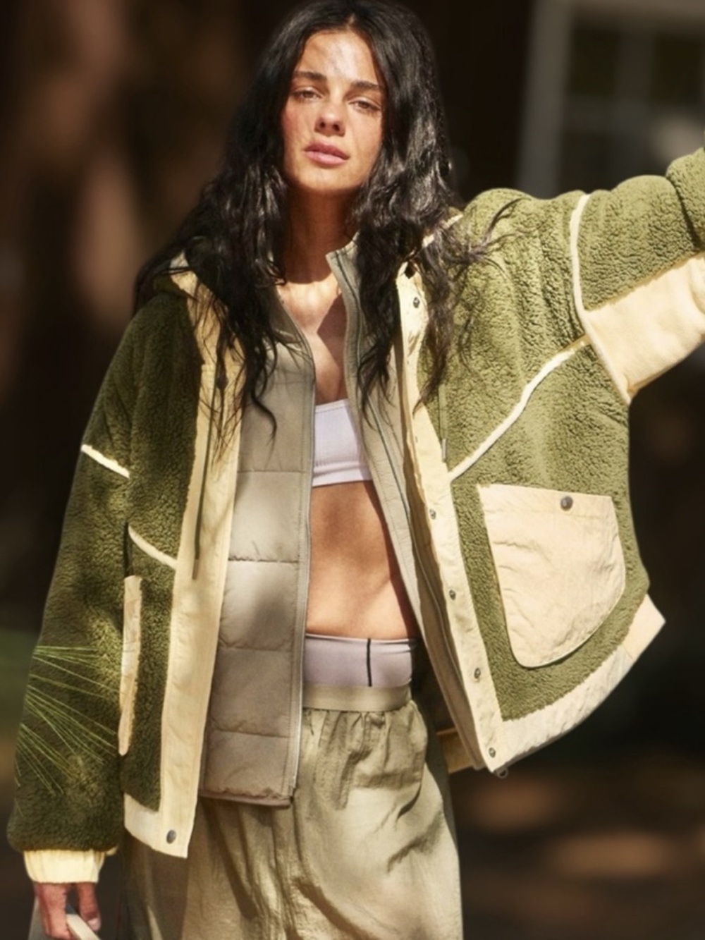 NWT Free People x FP Movement Trail Bender Fleece Hooded Jacket Seagrass